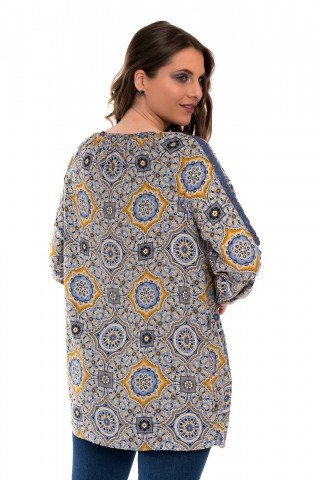 Bluza lunga albastru antracit cu imprimeu geometric