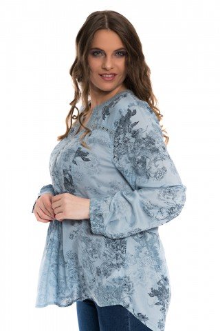 Bluza bleu ciel cu broderie si imprimeu floral