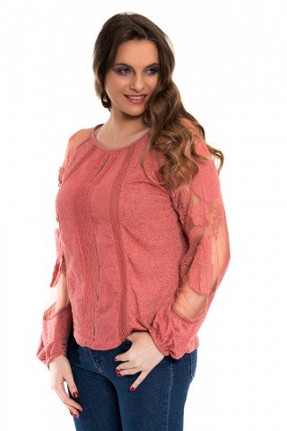 Bluza caramizie cu dantela si tulle