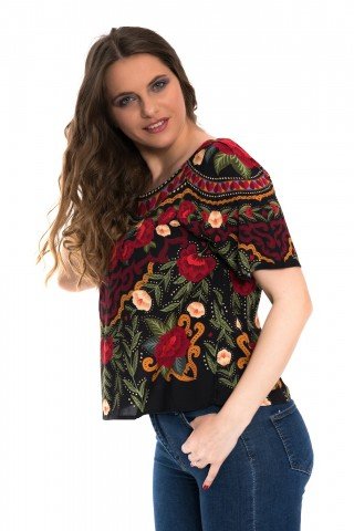 Bluza neagra cu print floral Rose