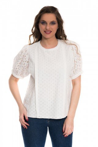 Bluza alba broderie sparta cu maneci bufante