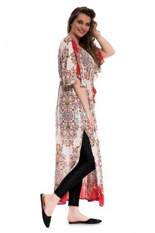 Cardigan lung crem cu print floral multicolor