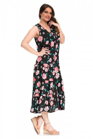 Rochie neagra cu print trandafiri corai