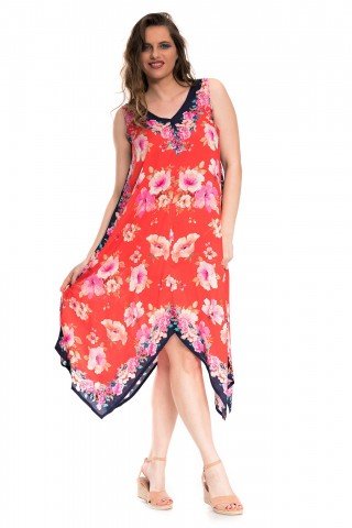 Rochie rosu corai in colturi cu print floral