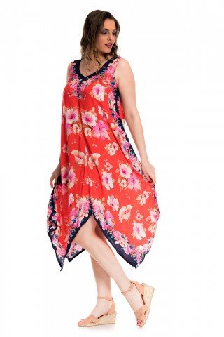 Rochie rosu corai in colturi cu print floral