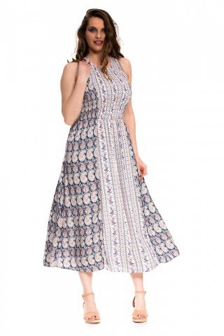 Rochie lunga alba cu print bleumarin si flori