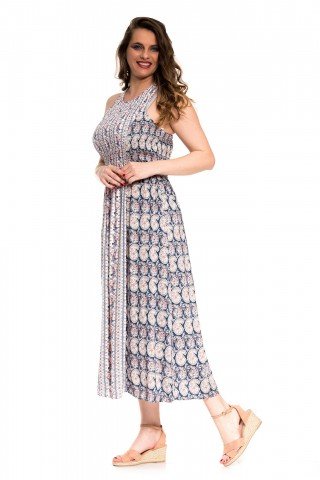 Rochie lunga alba cu print bleumarin si flori