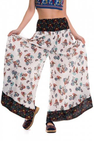 Fusta  pantalon alba cu elastic lat in talie si imprimeu floral