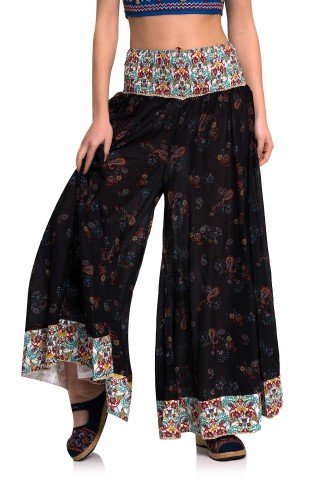 Fusta pantalon neagra cu elastic lat si imprimeu floral