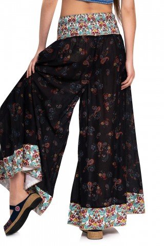 Fusta pantalon neagra cu elastic lat si imprimeu floral