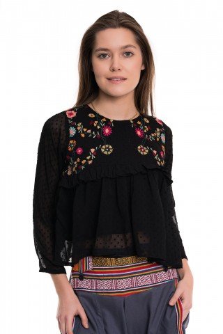 Bluza neagra cu volan si broderie colorata florala