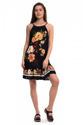 Rochie neagra cu volan si print floral