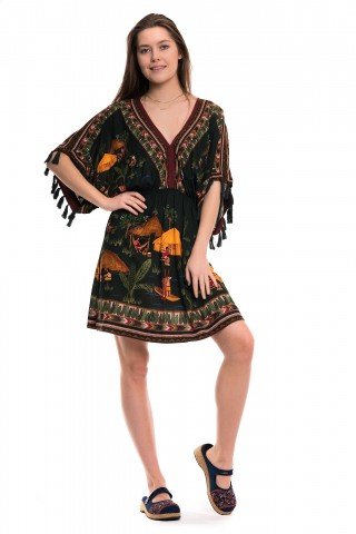 Rochie kimono verde inchis print multicolor