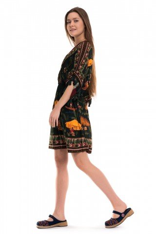 Rochie kimono verde inchis print multicolor