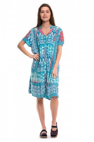 Rochie albastra cu imprimeu geometric si nasturi