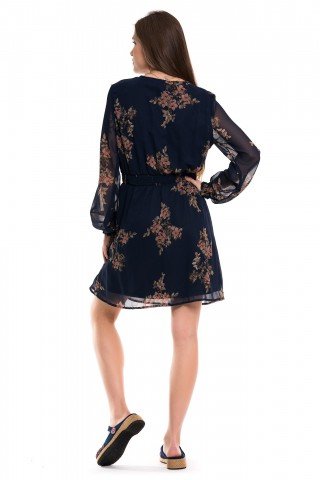 Rochie bleumarin scurta cu print floral si elastic in talie