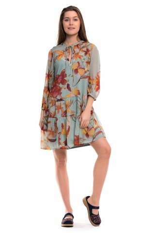 Rochie vernil cu print floral cu snur