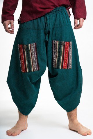 Pantaloni grosi verzi 3/4 evazati cu buzunare etnice