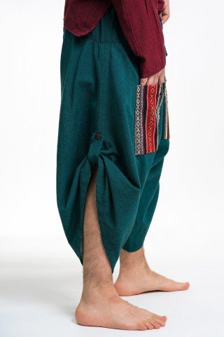 Pantaloni grosi verzi 3/4 evazati cu buzunare etnice