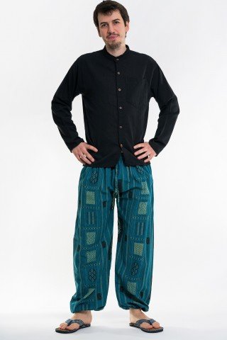 Pantaloni turcoaz cu tesatura geometrica unisex