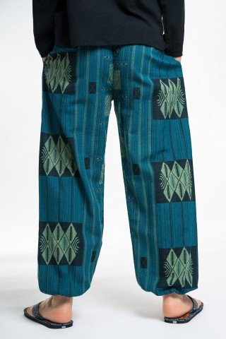Pantaloni turcoaz cu tesatura geometrica unisex