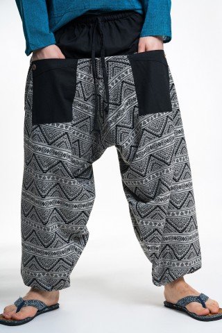 Pantaloni tip salvari negru cu alb print geometric