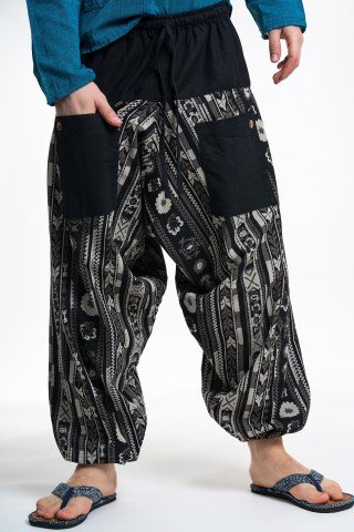 Pantaloni tip salvari negri unisex cu print alb