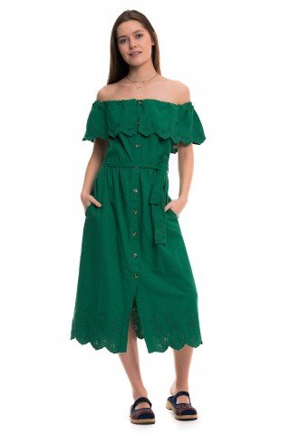 Rochie verde cu volan , broderie si nasturi