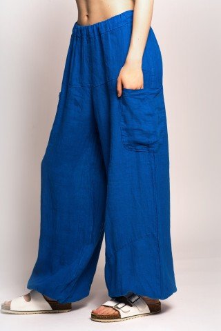 Pantaloni albastri din in cu talie elastica