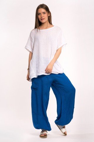 Pantaloni albastri din in cu talie elastica