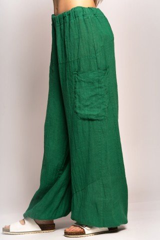 Pantaloni verzi din in cu buzunare exterioare