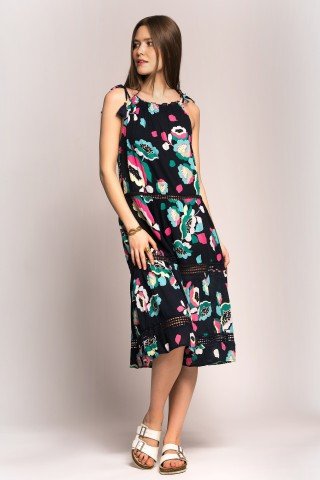 Rochie bleumarin cu siret si print floral