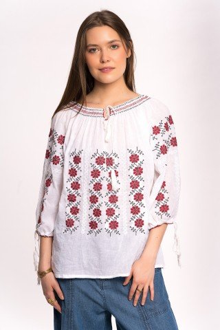 Bluza tip ie cu broderie florala rosie