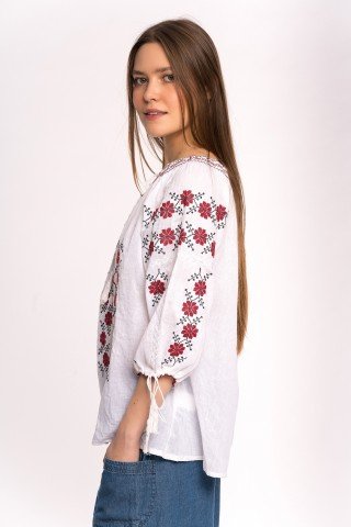 Bluza tip ie cu broderie florala rosie