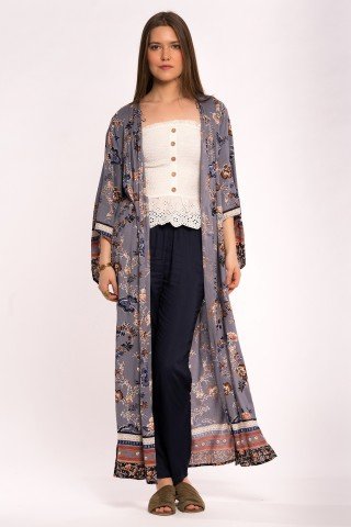 Cardigan gri petrol cu print floral