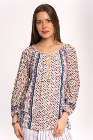 Bluza crem cu print multicolor si elastic la maneci