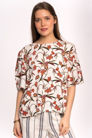 Bluza alba din in cu print floral portocaliu