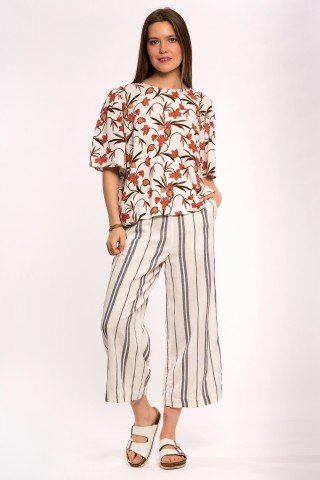 Bluza alba din in cu print floral portocaliu