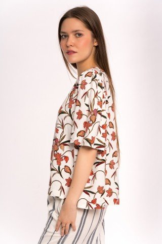 Bluza alba din in cu print floral portocaliu