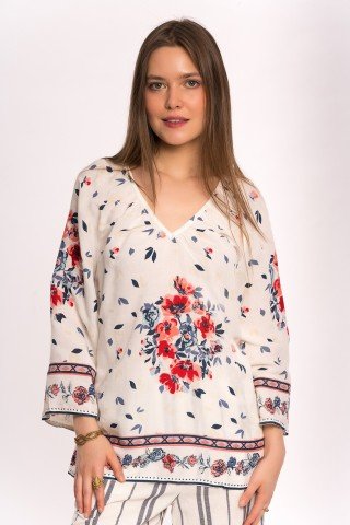 Bluza alba cu print floral si frunze bleumarin