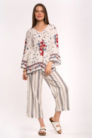 Bluza alba cu print floral si frunze bleumarin