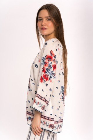 Bluza alba cu print floral si frunze bleumarin