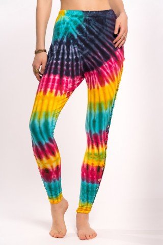 Pantaloni leggings tye-dye curcubeu cu decupaje laterale