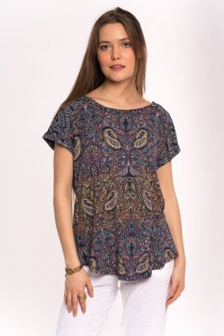 Bluza tip tricou bleumarin cu print paisley asimetric