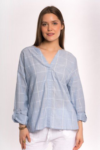 Bluza bleu cu carouri albe si anchior