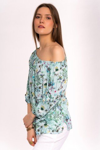 Bluza verde pal cu imprimeu floral multicolor