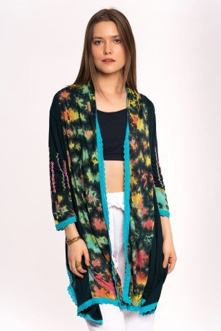 Cardigan verde inchis tye-dye cu broderie pe maneci