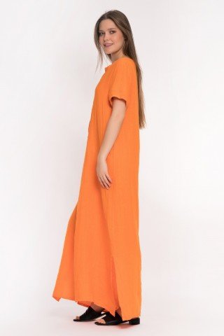 Rochie portocalie maxi cu slituri laterale si nasturi