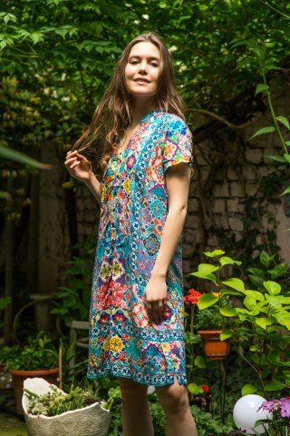 Rochie multicolora cu nasturi si print sicilian