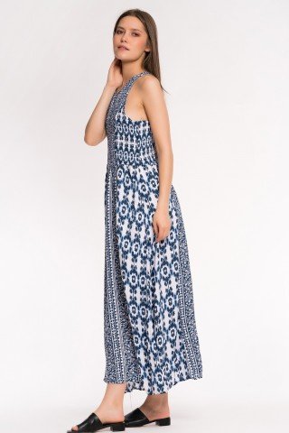 Rochie lunga alba cu imprimeu bleumarin